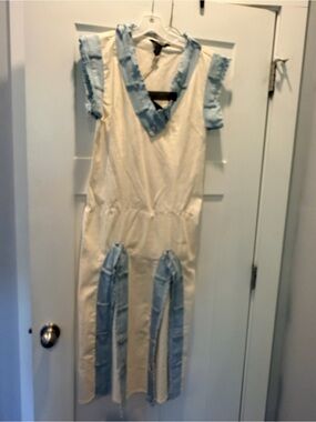 NWT KROIX Large White Light Wash Denim Contrast Distressed Jumpsuit